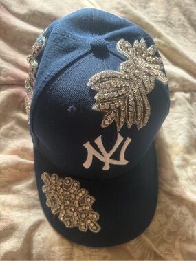 Embellished Navy Baseball Cap with Crystal Appliqués